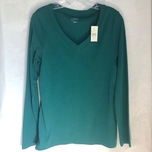 LOFT green v-neck long-sleeve top, size L